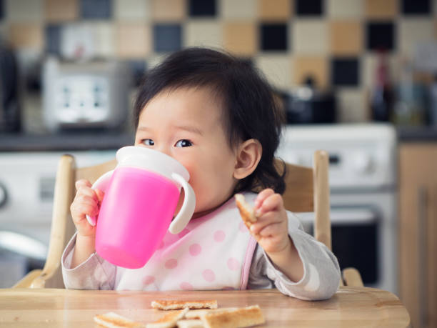 bambina che mangia tostato - baby cup foto e immagini stock