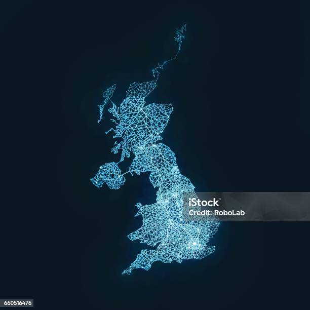 Abstract Telecommunication Network Map Regno Unito - Immagini vettoriali stock e altre immagini di Regno Unito