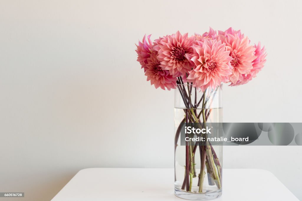 Rosa Dahlien in Glasvase auf Tisch - Lizenzfrei Vase Stock-Foto