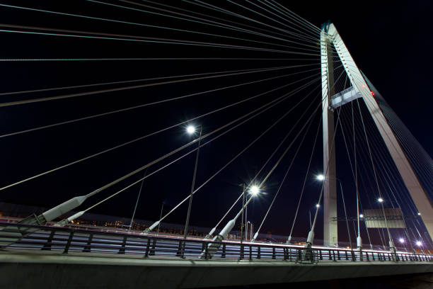 Saint-Petersburg. Russia. Cable-braced bridge at night. stock photo