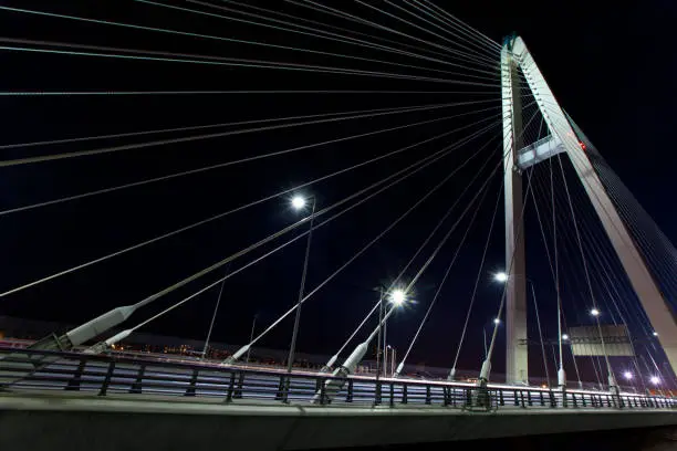 Photo of Saint-Petersburg. Russia. Cable-braced bridge at night.