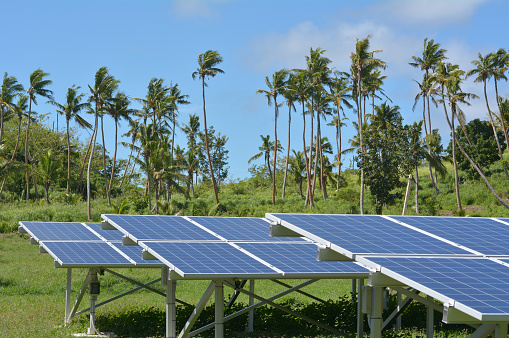 Solar PV modules on remote Island in Fiji. Fiji Sustainable Energy goals include sourcing more than 80% of the countrys electricity from renewable energies by 2020, and 100% by 2030.