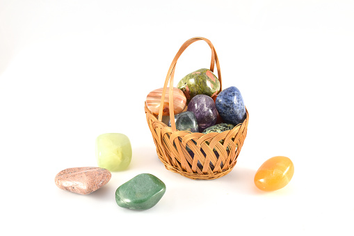 Semiprecious stones in basket: Onyx, Jade, Tiger's Eye, Aventurine, Sodalite, Carneol, Amnetyst