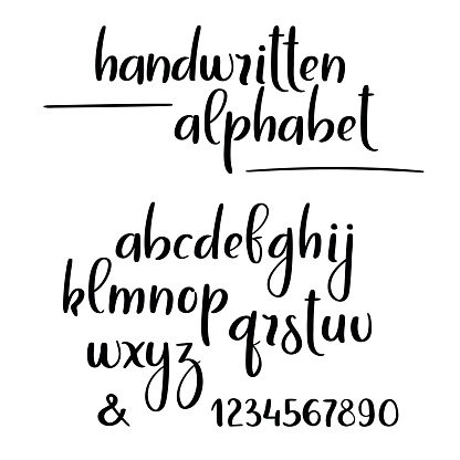 Brush calligraphy alphabet. Hand lettering brushpen letters and numbers. Vector handwritten brush font isolated on white background