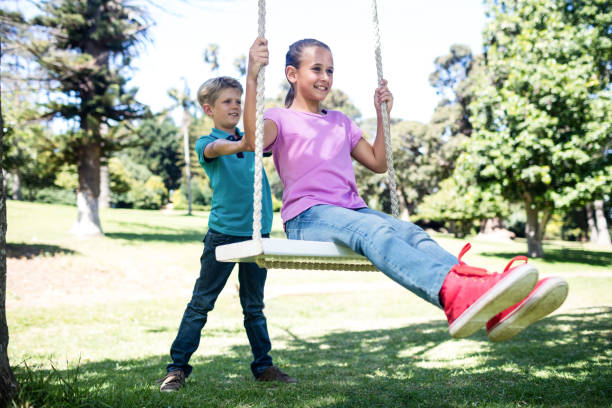 istock Boy pushing his sister on swing 660527568