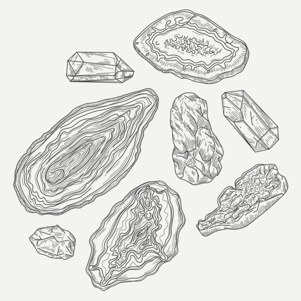 Geodes, Gems and Rocks A collection of geodes and rocks in an overhead view. Global colours, easy to remove background. igneous rock stock illustrations