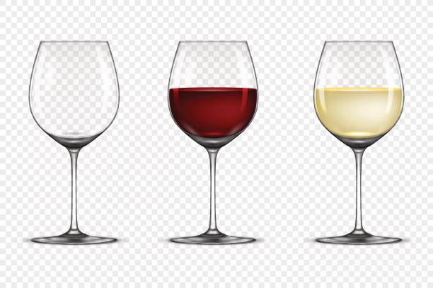 вектор реалистичный набор значков винного стекла - пустой, с белым и красным вином, изолированным на прозрачном фоне. шаблон дизайна в eps10 - wineglass wine glass red wine stock illustrations