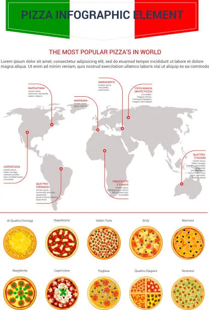 Vector illustration of Pizza popular world map infographics vector