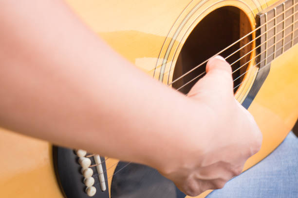 Guitarist Hand Playing Acoustic Guitar, stock photo