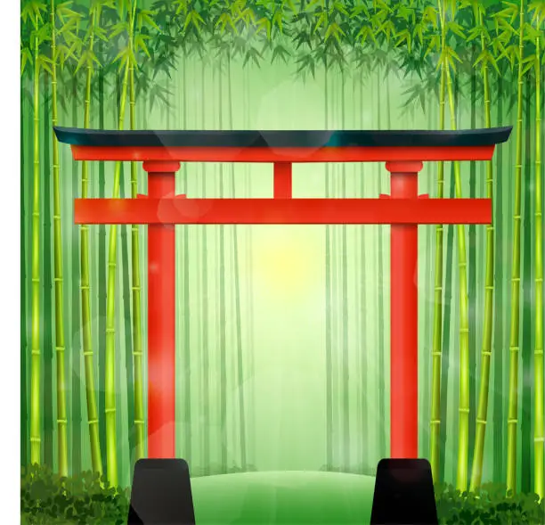 Vector illustration of Bamboo forest with red Japanese gate