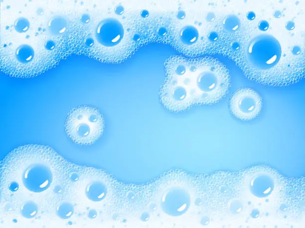 Vector illustration of Soap sud. Vector transparent foam on blue water background