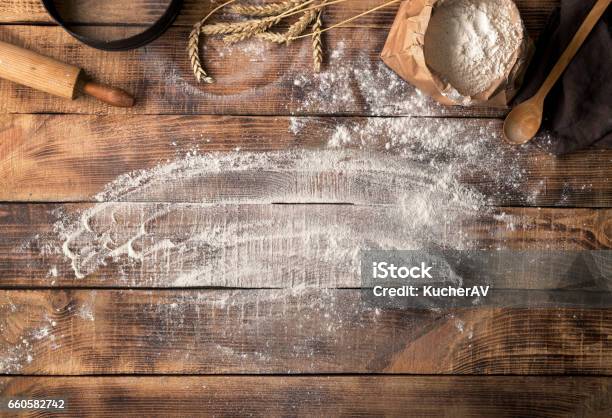 Baker Workplace With Flour Top View With Copy Space Stock Photo - Download Image Now