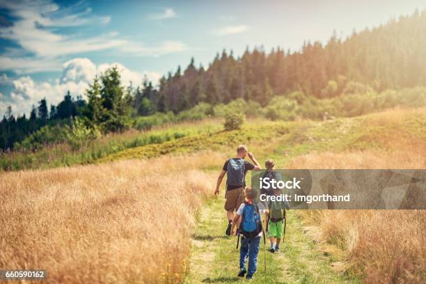 Padre Con Niños Senderismo En La Naturaleza Hermosa Foto de stock y más banco de imágenes de Familia