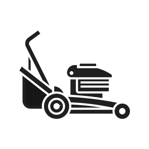 Lawn Mower Icon Rotary lawn mower engine in outline design. Grass cutter icon. Gardening machine silhouette vector illustration. lawn mower clip art stock illustrations