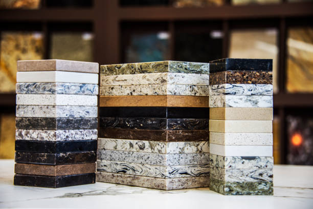 campioni di colore del bancone della cucina, granito, marmo e quarzo - marmo roccia foto e immagini stock