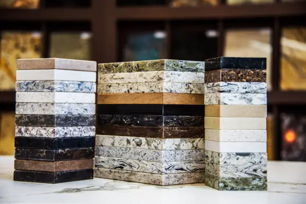 Kitchen counter top color samples, granite, marble and quartz