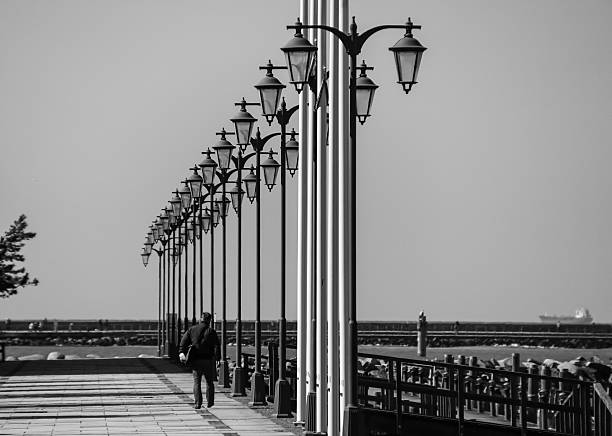 istock Rear View Of A Man Walking Along Lamp Posts 660593315