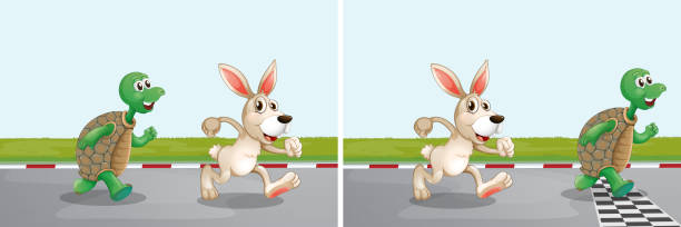 ilustrações de stock, clip art, desenhos animados e ícones de rabbit and turtle race on the road - the hare and the tortoise