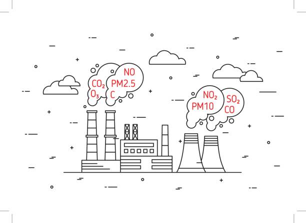 Factory pollutes atmosphere vector illustration Factory pollutes atmosphere vector illustration. Dangerous air pollution and toxic smog (smoke, fog, exhaust) concept. Coal industry and smoke from chimney pipes with hazardous elements (co2, dioxide, carbon, no, no2, pm10) graphic design. persistent organic pollutants stock illustrations