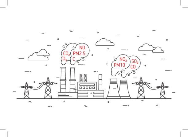 Air pollution vector illustration Air pollution vector illustration. Electric power station and toxic smog (smoke, fog) concept. Coal electricity industry and smoke from chimney pipes with hazardous elements (co2, dioxide, carbon, no, no2, pm10) graphic design. persistent organic pollutants stock illustrations