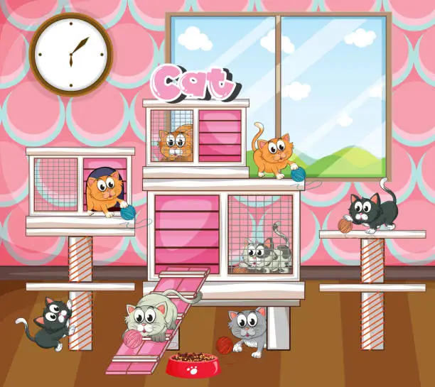 Vector illustration of Cats in big cage indoor