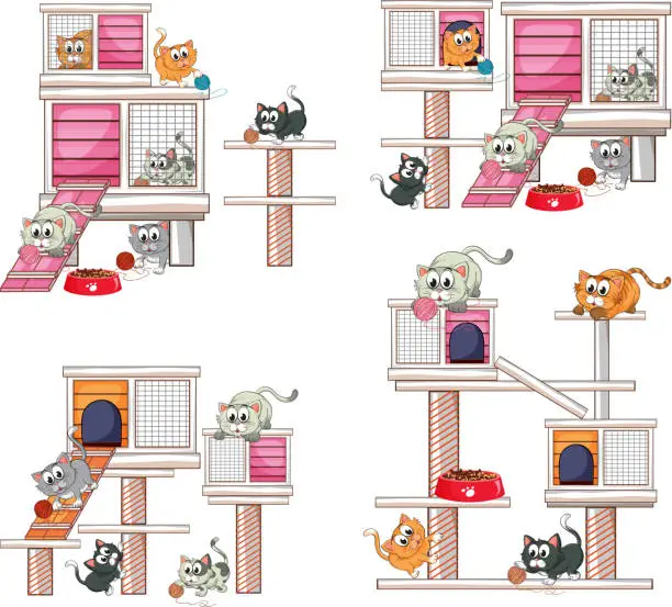 Vector illustration of Cats and different designs of cat house