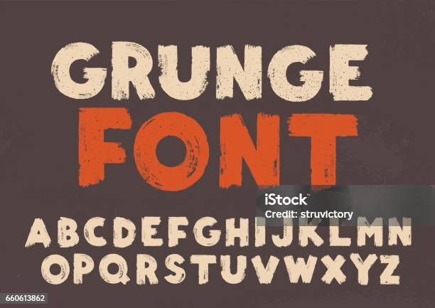White Grunge Capital Handwritten Vector Alphabet On Black Background Drawn By Semidry Brush With Unpainted Areas Stock Illustration - Download Image Now