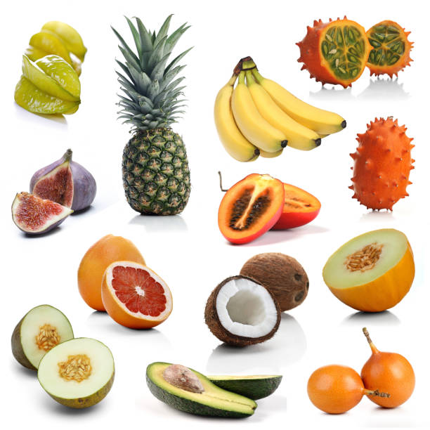 istock Mix of exotic fruits on white background 660618482