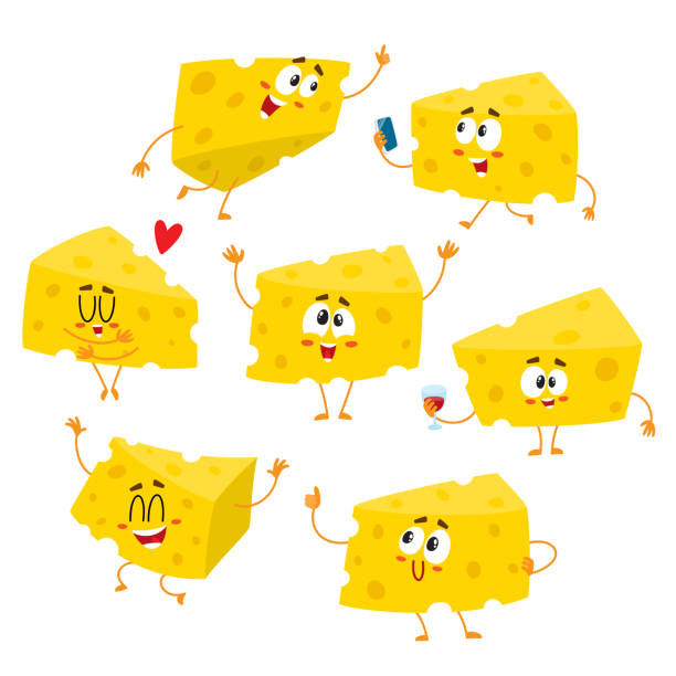 귀 엽 고 재미 있는 치즈 덩어리 문자 다른 감정을 보여�주는의 세트 - cheese swiss cheese portion vector stock illustrations
