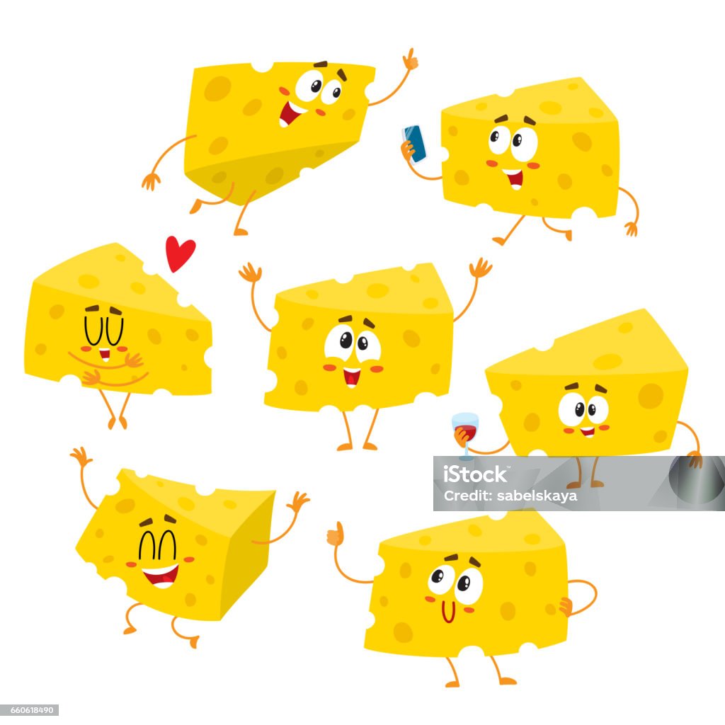 Set of cute and funny cheese chunk character showing different emotions Set of cute and funny cheese chunk character showing different emotions, cartoon vector illustration isolated on white background. Funny cheese character, mascot with human face and various emotions Cheese stock vector