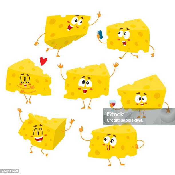 Set Of Cute And Funny Cheese Chunk Character Showing Different Emotions Stock Illustration - Download Image Now