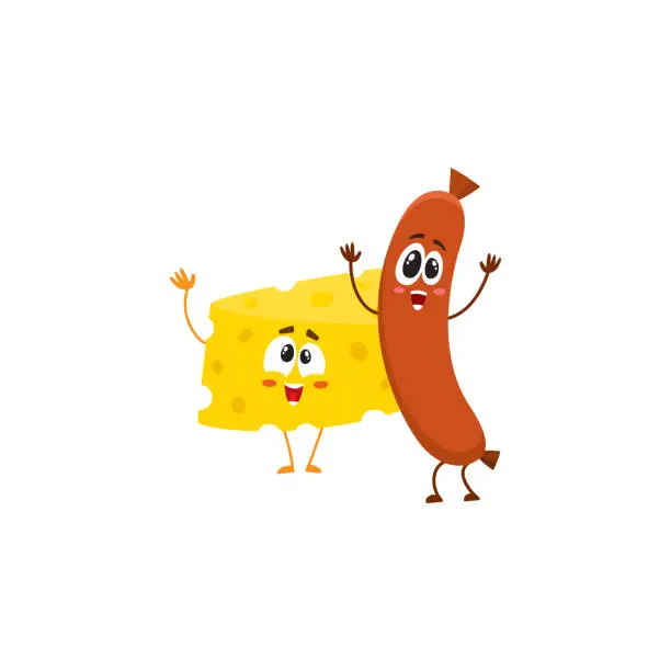 Vector illustration of Frankfurter sausage and cheese chunk characters dancing happily together