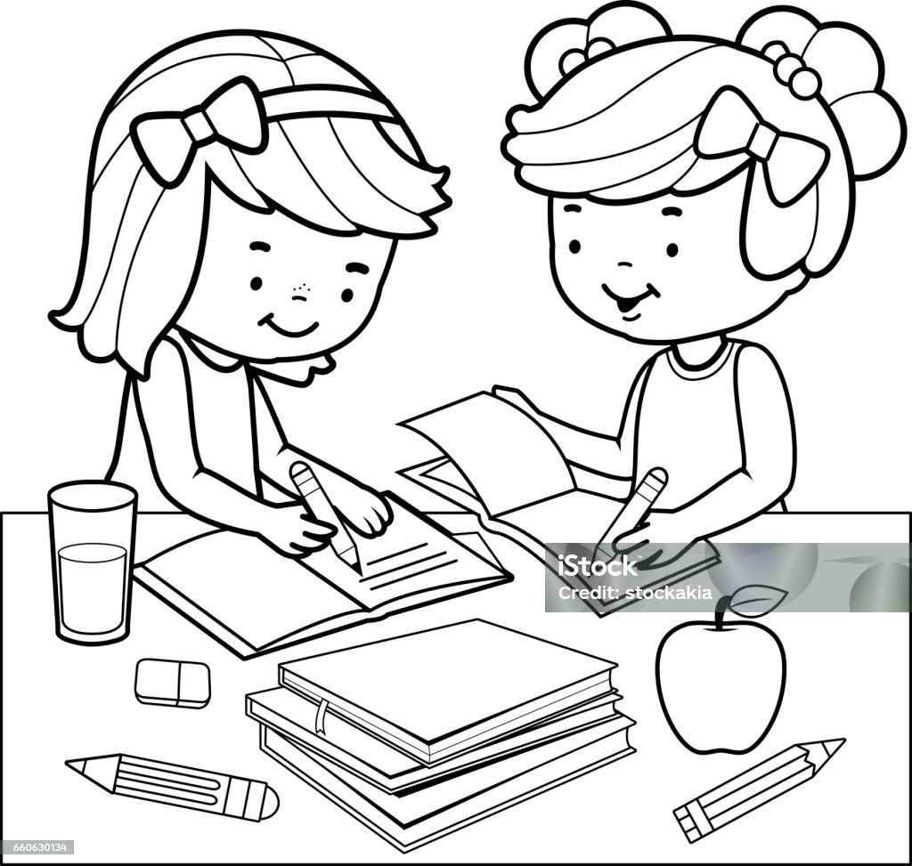 Students doing homework. Black and white coloring book page. Vector Illustration of two girls sitting on a desk and doing their homework. Desk is full of books and notes. Black and white coloring page illustration Coloring stock vector