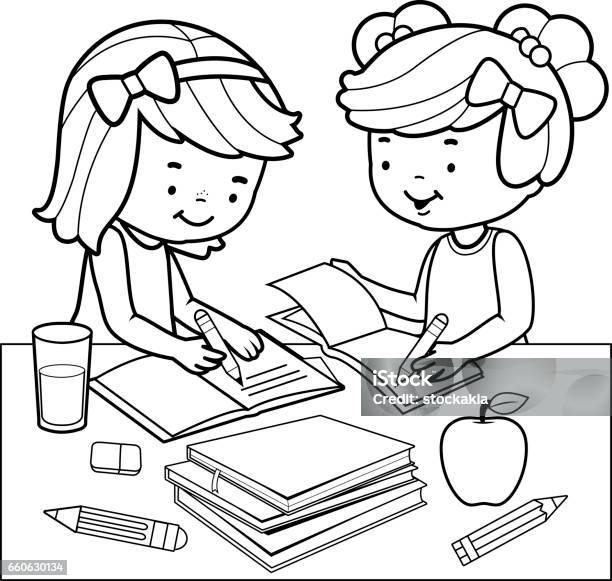 Students Doing Homework Black And White Coloring Book Page Stock Illustration - Download Image Now