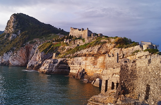 Cliffs and fortress of Portovenere aat sunset, Liguria, Italy
