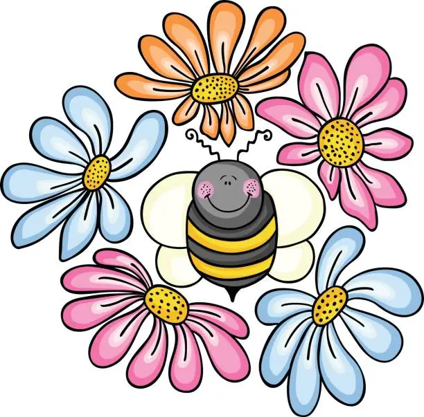 Vector illustration of Bee surrounded by flowers