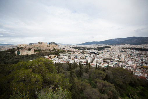 Aerial view on city, Lycabettus Hill and Acropolis