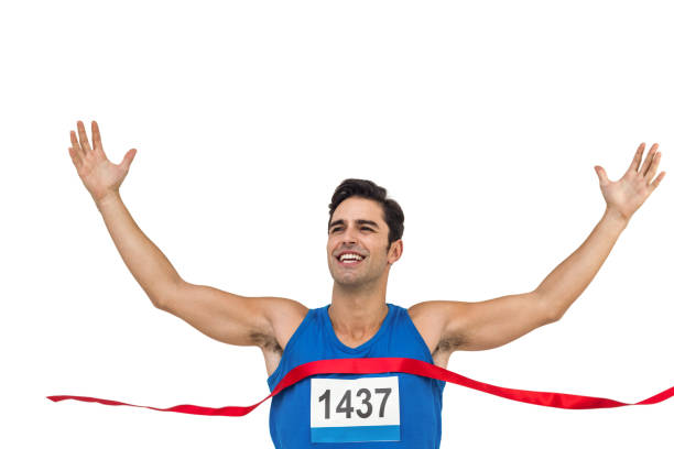 istock Cheerful winner athlete crossing finish line 660633588