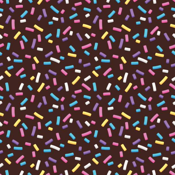 Chocolate and sprinkles seamless pattern Seamless pattern of dark chocolate donut glaze with many colorful decorative sprinkles in flat style sprinkling stock illustrations