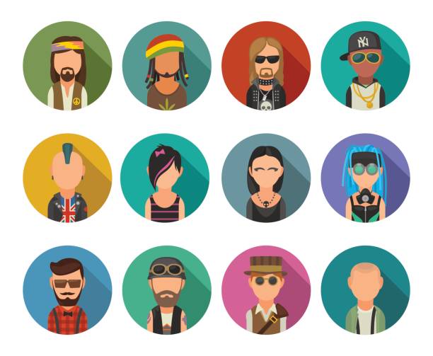 Set icon different subcultures people. Hipster, raper, emo, rastafarian, punk, biker, goth, hippy, metalhead, steampunk, skinhead, cybergoth. Set icon different subcultures people. Hipster, raper, emo, rastafarian, punk, biker, goth, hippy, metalhead, steampunk, skinhead, cybergoth. Vector flat illustration on color circle. steampunk woman stock illustrations