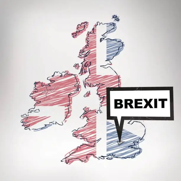 Vector illustration of United Kingdom scribbled map with Brexit Label on grey background