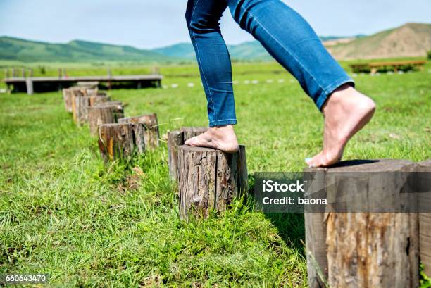 Mujer Caminando Sobre El Tocón Del Árbol Escalonado Foto de stock y más banco de imágenes de Andar