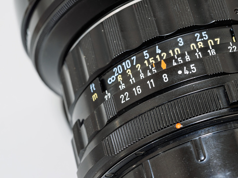 Close up of aperture ring of camera lens, seleced focus on the number 8.