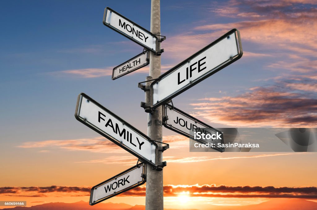 Life balance choices signpost, with sunrise sky backgrounds Lifestyles Stock Photo