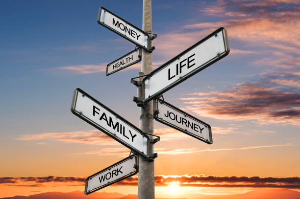 Life balance choices signpost, with sunrise sky backgrounds stock photo