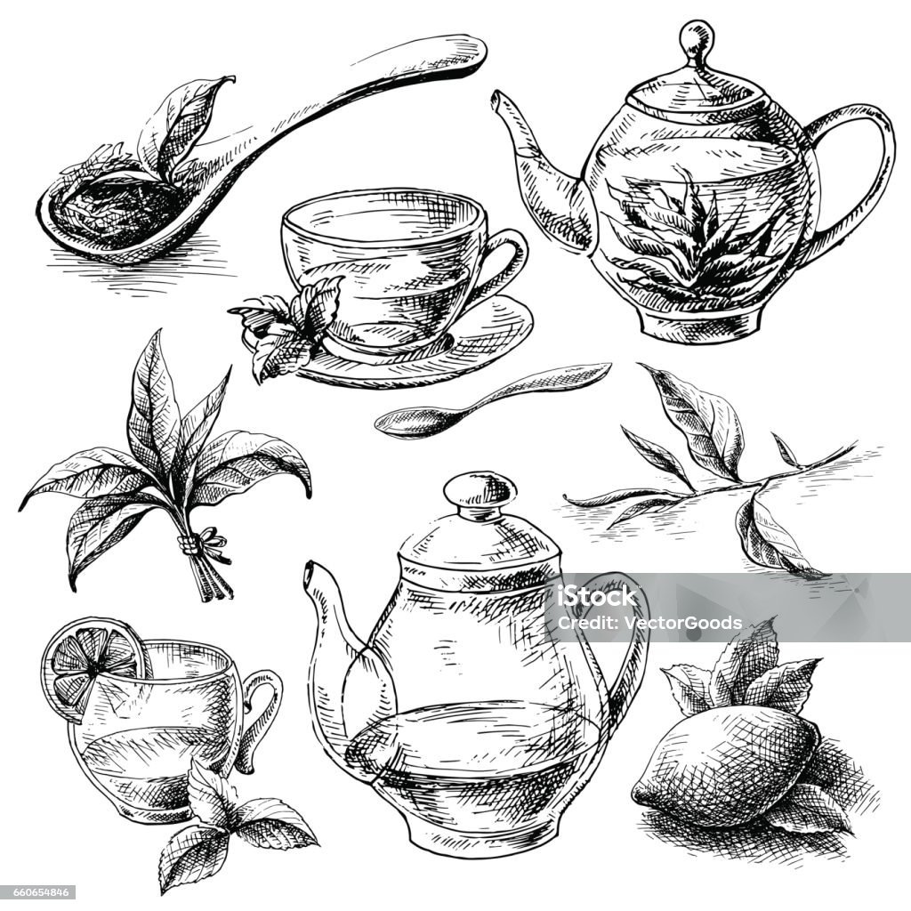 tea collection elements tea collection elements in graphic style, hand-drawn vector illustration. Tea - Hot Drink stock vector