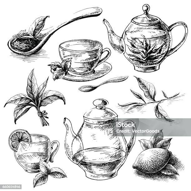 Tea Collection Elements Stock Illustration - Download Image Now - Tea - Hot Drink, Old-fashioned, Retro Style