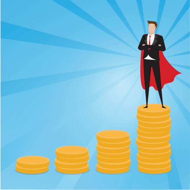 istock Businessman standing on top of gold coins with blue background 660659432
