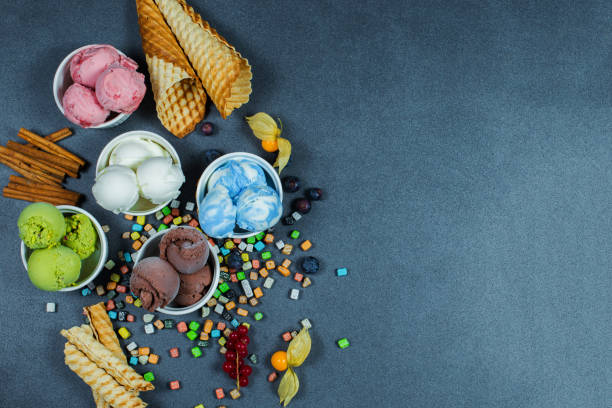 Top view Ice cream flavors in cup on blackground