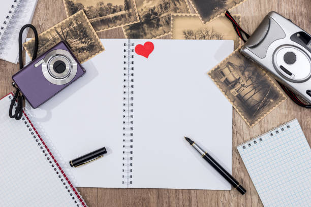 istock old camera with pictures and blank notepad on desk. 660663022